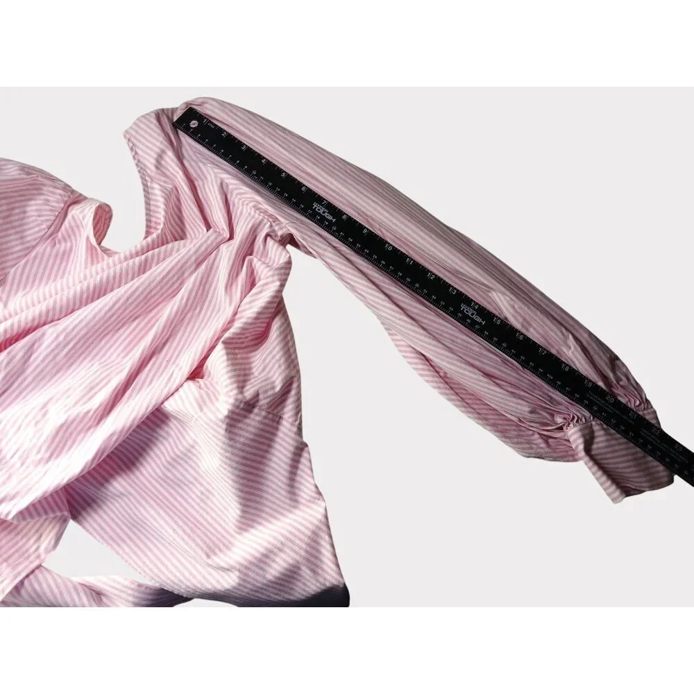 WAYF Dayna Tie Back Poplin Top Blouse Size S Striped Pink Wrap Long Sleeve Puff - Picture 11 of 11